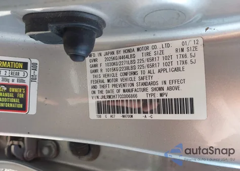 2012 Honda Cr-V Ex-L z USA, uszkodzony, nr VIN JHLRM3H77CC006866